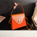 Fashionable orange pleated box bag with brown flap and silver magnetic clasp - Orange