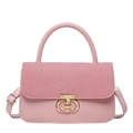 Pink leather handbag with red-white woven flap and golden circular buckle lock - Pink
