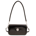 Minimalist black glossy faux leather underarm bag with silver buckle and shoulder strap - Black