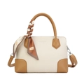 Sac fourre-tout beige tissé tendance avec bordures en cuir brun et foulard en soie - Blanc