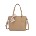 Front view of khaki leather tote bag with silk scarf and adjustable strap on white background - Khaki