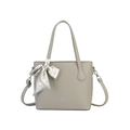 Gray lychee grain leather bucket bag with decorative heart silk scarf handle - Gray
