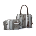 Set borse 4 pezzi a righe grigie, bianche e marroni con ciondolo a gatto e nappe eleganti - Grigio