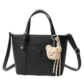 Sac cabas noir texturé litchi avec pendentif ours mignon et bandoulière réglable - Noir