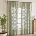 Detail of light green damask lace curtain showing intricate floral jacquard and scalloped edges - 132x160cm / Green