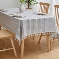 French vintage striped linen tablecloth with decorative tassels on a wooden dining table - 140*220cm / Grey Vintage Stripe Rope Knot Tassel