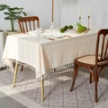 Mantel rectangular de lino y algodón beige con borlas boho y costuras bordadas - 140*100 / Beige