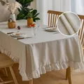 Mantel de lino beige con borde de encaje bordado y vista macro de la textura - 140*220cm / Estilo de Bordado de Encaje con Volantes (Beis)