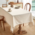 Minimalist beige herringbone tablecloth with decorative fringe tassels for dining tables - 140*100cm / Beige