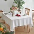 Japanese retro white tablecloth with herringbone texture and handmade tassels for home dining - 140*100cm / White
