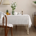 White lace hollow tablecloth with fringe tassels and matching chair covers for home dining - 140*100 / White