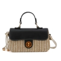 Vintage straw crossbody bag with black leather flap and gold metal clasp on white background - Black