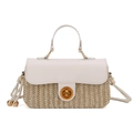 Vintage straw crossbody bag with beige leather trim and gold metal rotating buckle - White