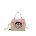 Rosa-beiger Stroh-Handtasche mit Evil-Eye-Stickerei und weißem Baumwollseil-Riemen - Rosa