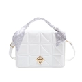 White quilted crossbody bag with silk scarf handle and golden diamond rotary lock - White