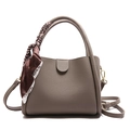 Taupe pebbled leather bucket bag with fashion silk scarf wrap and gold hardware - Khaki