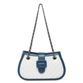 Blue and white quilted PU leather crossbody bag with metal chain strap in v-stitch style - Blue