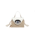 Borsa a mano in paglia con patta in pelle bianca e dettaglio occhio ricamato - Bianco