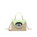 Borsa in paglia fatta a mano con patta in pelle verde e ricamo occhio malvagio blu - Verde