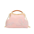 Rosa bestickte Handtasche mit goldenem Metallrahmen und Bernstein-Griff - Rosa