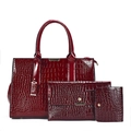 Burgundy faux-crocodile leather 3-piece tote bag set with matching clutch and wallet - Three-Piece Set / Red