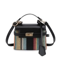 Straw woven Kelly handbag with black leather trim and gold twist lock closure - Black
