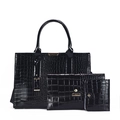 Three-piece black crocodile pattern tote bag set with glossy faux leather finish - Three-Piece Set / Black