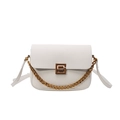 White pebbled leather shoulder bag featuring golden chain strap and geometric buckle - White