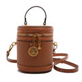 Vintage brown cylindrical bucket bag with lychee texture leather and gold crown pendant - Brown
