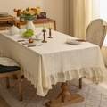 Vintage cream lace tablecloth with elegant floral embroidery and layered ruffled edges - 140*100 / Small Plum Blossom / Beige