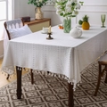 White hollow lace tablecloth with decorative tassels in a rustic country style dining room - White Polka Dot Tassel / 140*220cm
