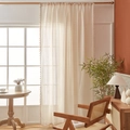 Vintage cream lace curtain with geometric patterns and fringe tassels in cozy sunlight - W150*H100 / Beige