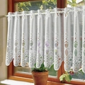 White lace cafe curtain with jacquard crochet design hanging on a wooden window frame - 150*45cm / White