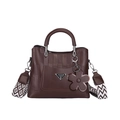 Dark brown embossed faux leather handbag with wide geometric strap and flower charm - Brown