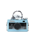 Borsa a fotocamera azzurra con manico in foulard di seta e dettaglio piuma - Blu