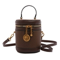 Dark brown lychee pattern leather bucket bag with vintage gold coin charm detail - Brown