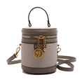 Retro grey bucket bag in lychee texture leather with gold relief charm and top handle - Khaki