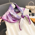 Silk square scarf with abstract purple print and camellia detail on white top - 70*70cm / Purple