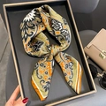 Silk neck scarf featuring retro paisley floral patterns in olive green and warm orange tones - 65*65cm / Army Green Paisley Print
