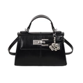 Chic black trapezoid Kelly bag with glossy texture, silver lock and beaded charm - Black With Rabbit Pendant