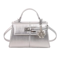Silver metallic trapezoid bag with crocodile embossed texture and metallic ball pendant - Silver With Pendant