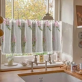 Floral embroidered white sheer cafe curtain with pink flowers and pom-pom edge - Small Pink Lavender