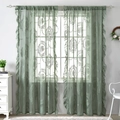 Forest green semi-transparent lace curtain with floral embroidery and ruffled edges - 140*160cm / Green