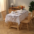 Bohemian white lace tablecloth with floral embroidery and beige tassel ball edges - White Flower Bird