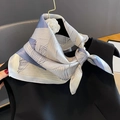 Elegant silk scarf with geometric stripes and camellia brooch on a black dress - 53*53cm / Light Blue
