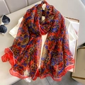 Elegant floral silk scarf with red and blue patterns, lightweight sunscreen shawl for women - Medium-Long Style / Red (B-126)