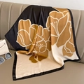 Elegant camellia floral silk square scarf in black and gold on a leather sofa - 70*70cm / Beige-Black