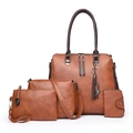 4-piece brown faux leather handbag set with tote, crossbody, clutch and cat charm - Four-piece (Upgraded Large) / Brown