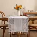 White lace table runner with hollow floral embroidery and tassels on a wooden dining table - 40*30cm (Placemat) / White
