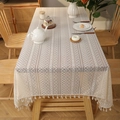 Bohemian beige hollow lace tablecloth with geometric patterns and tassel trim details - Retro Wave